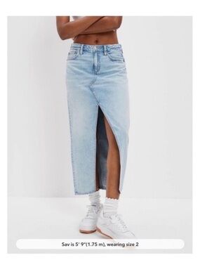 American Eagle Outfitters Light Blue Denim Midi Skirt with Front Slit